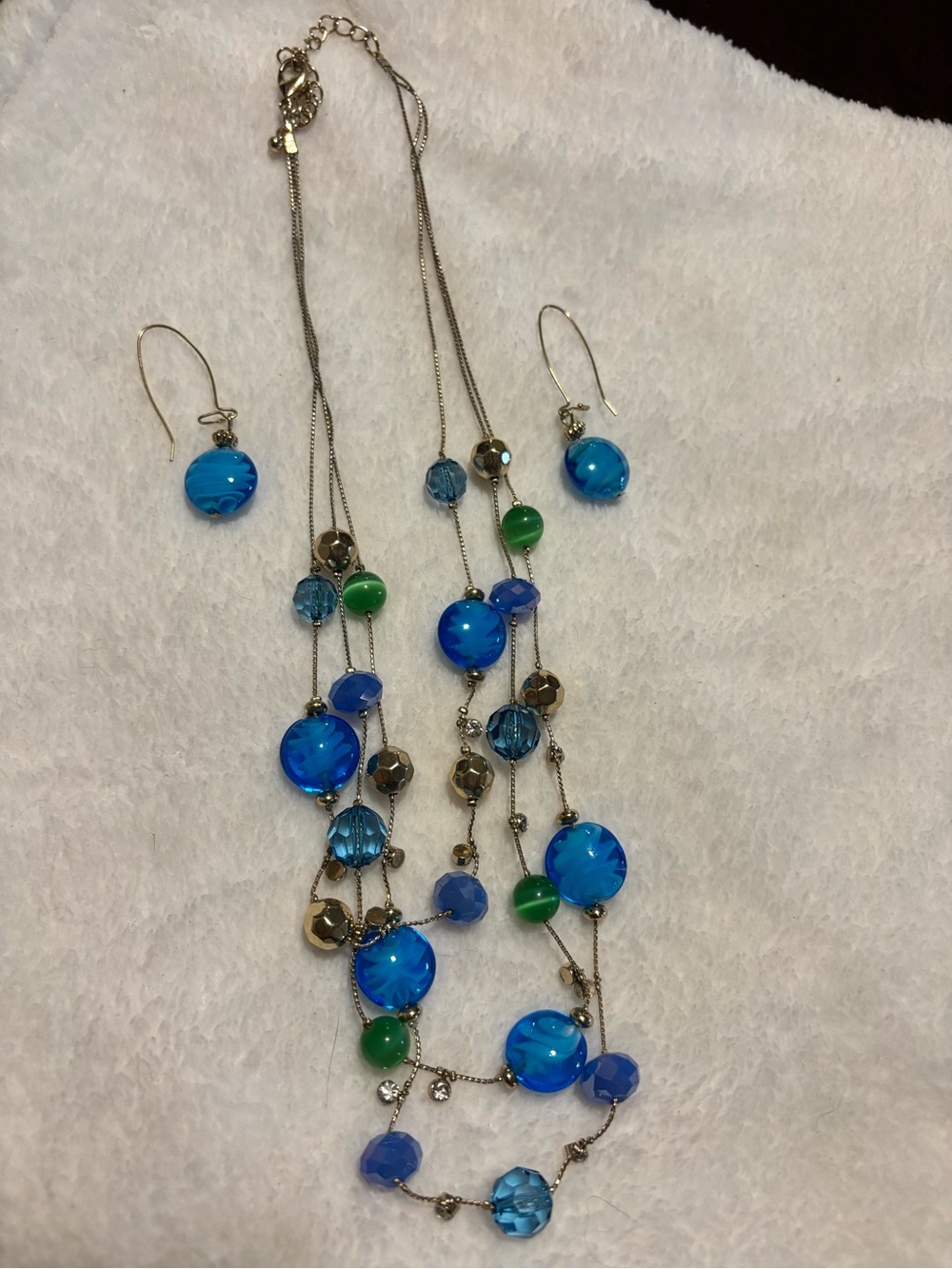 Multi-Strand Blue & Green Glass Bead Necklace with Matching Earrings